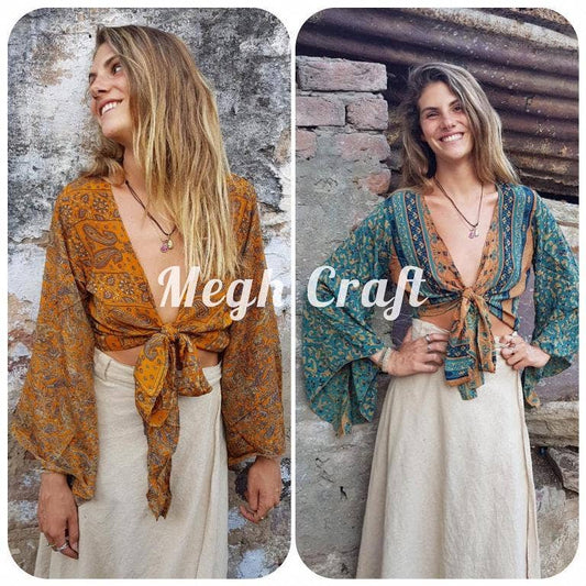 Upcycled Silk Tie Top—Flutter Recycled vintage Silk Sari Top