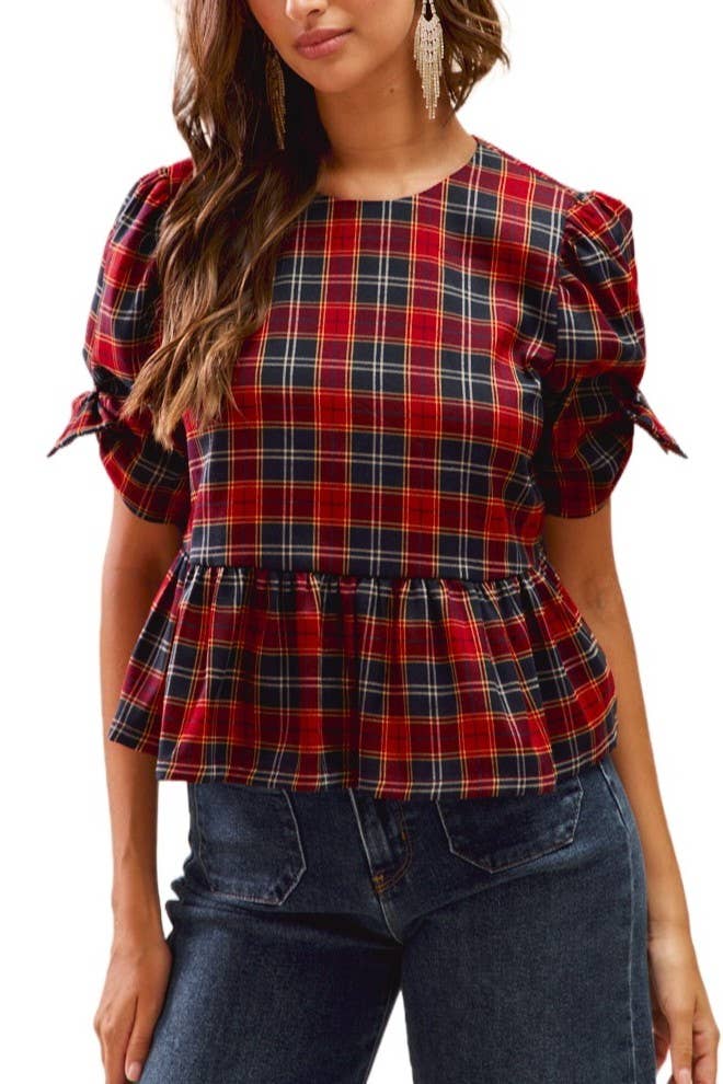 Top- Christmas Holiday Plaid Ribbon Short
