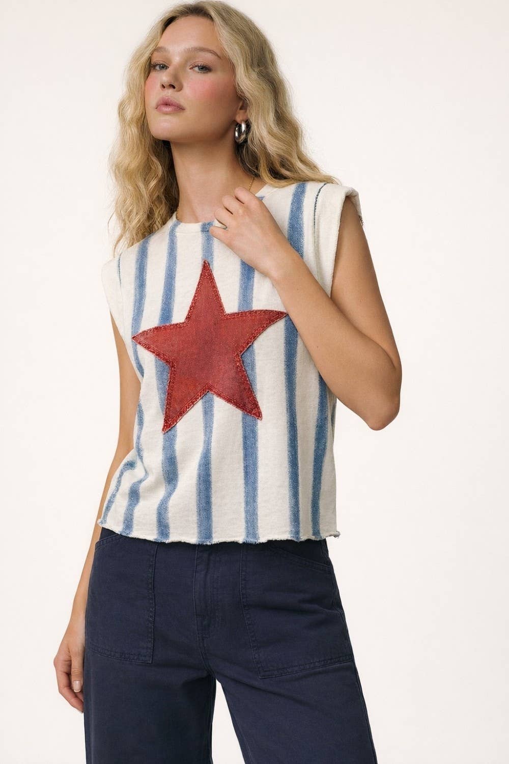 Top- Star Patch Striped Sleeveless Knit