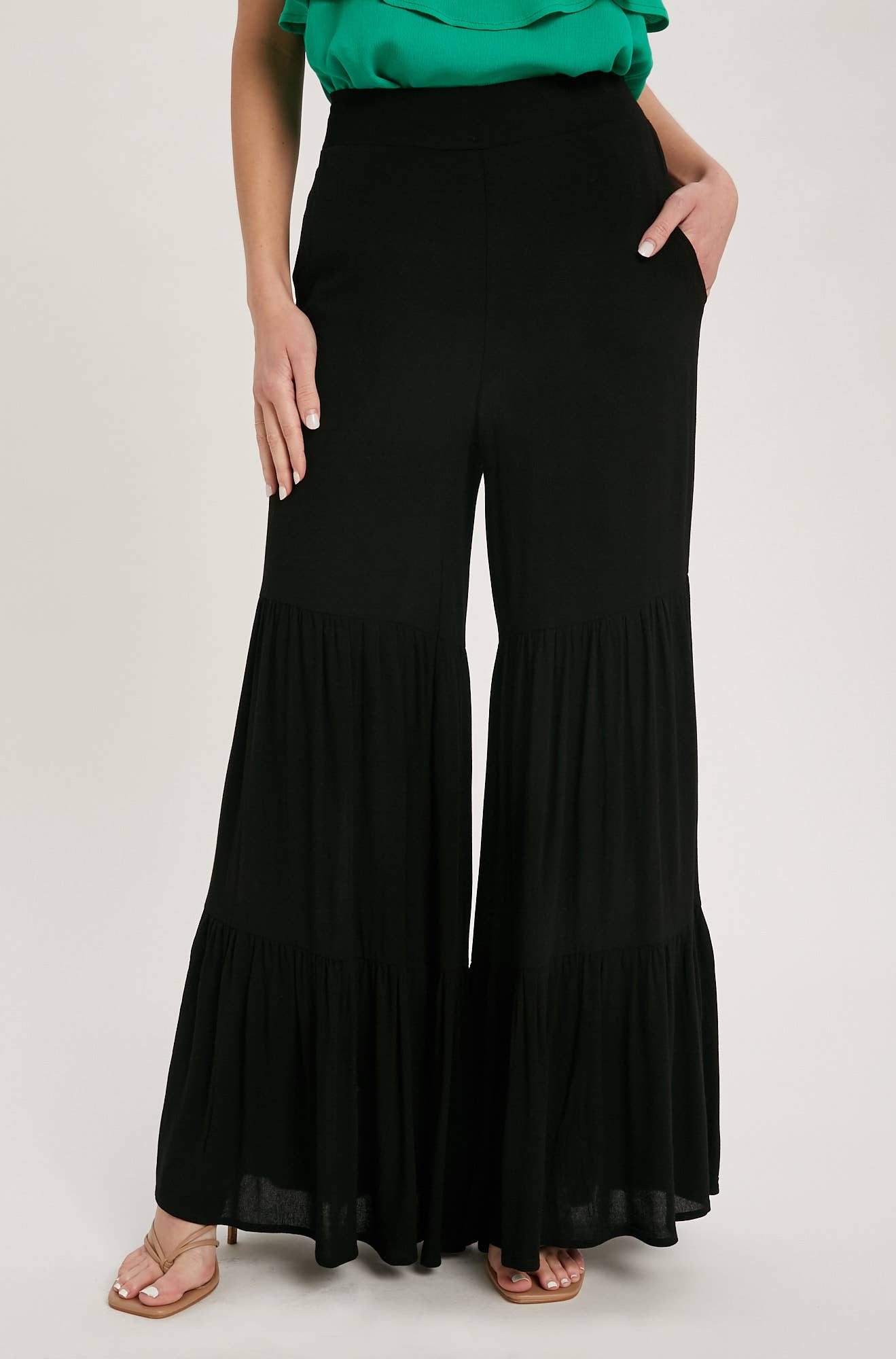 TIERED RUFFLE HIGH WAISTED WIDE-LEG PANTS