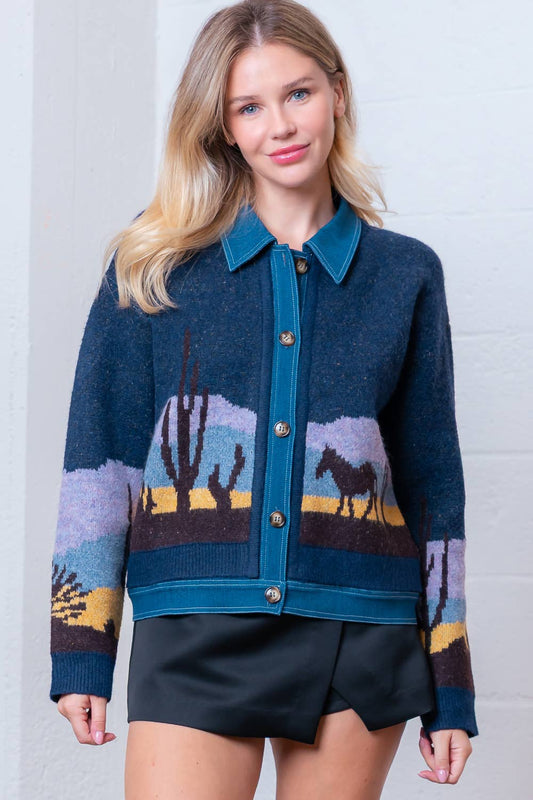 Sweater Jacket- Denim Horse