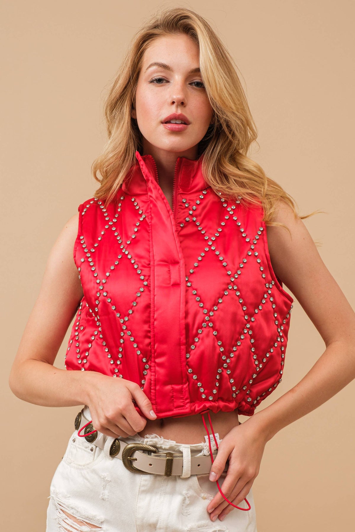 Vest- Shiny Woven Studded Crop Puffer Zip Up