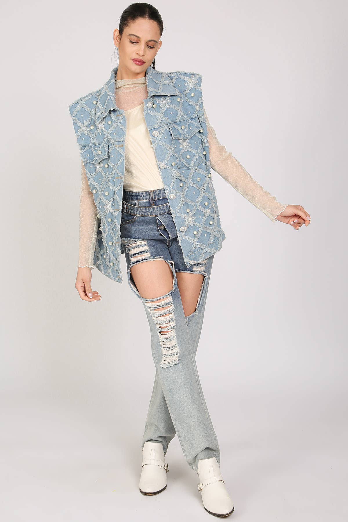 Denim Vest- Fringed & Multi-Pearled