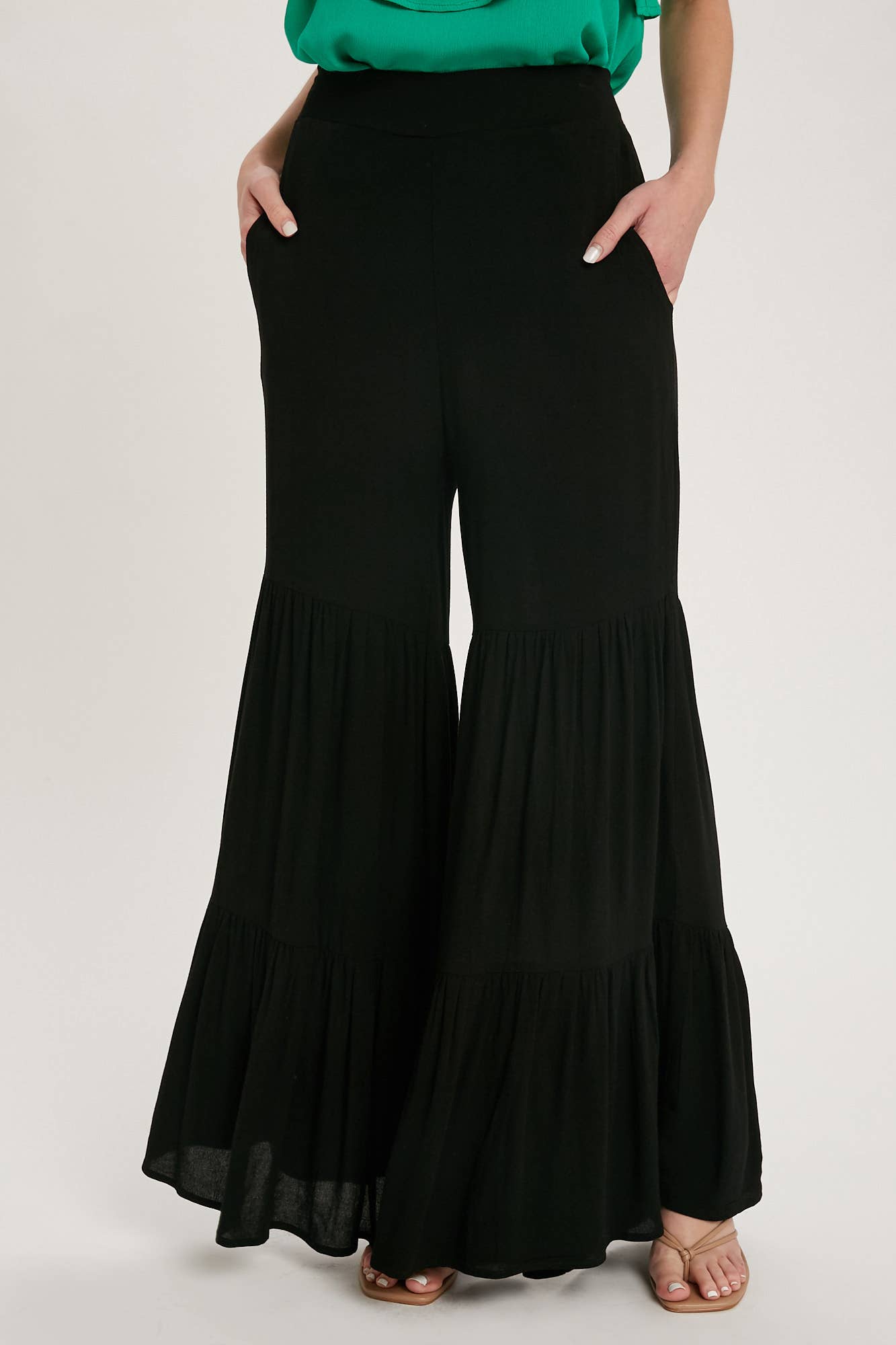 TIERED RUFFLE HIGH WAISTED WIDE-LEG PANTS