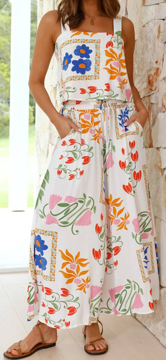 Square Neck Tank and Wide Leg Pants Floral Set