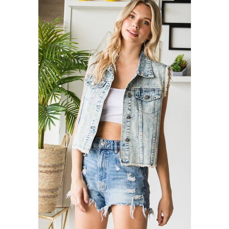 Up-cycled Rhinestone Color Denim Vest