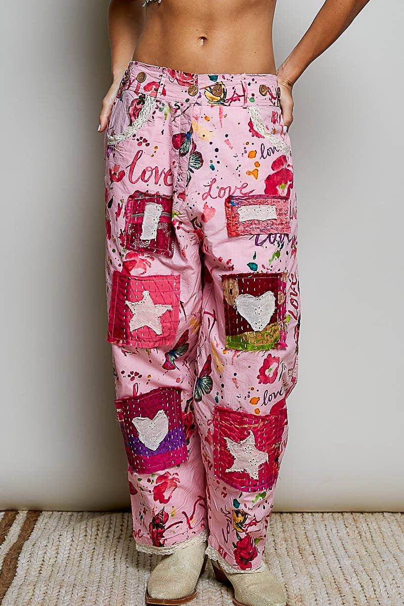 Pant- Heart Star Patch Elastic Waistband Lace Trim