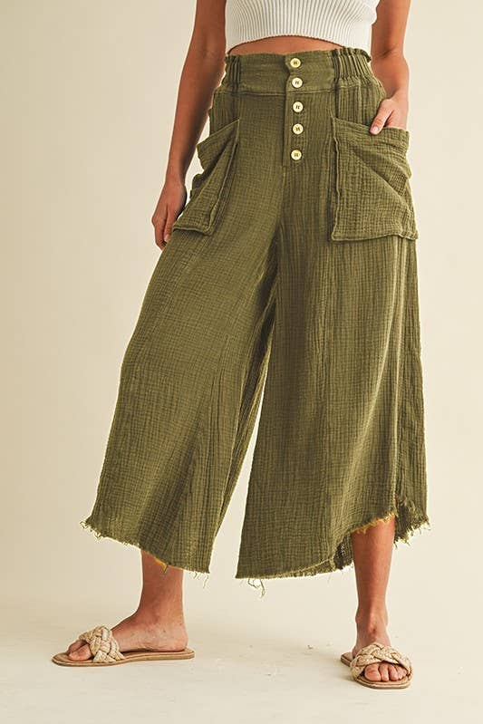 Pants - Mineral Washed Fray Hem Linen Cotton Wide