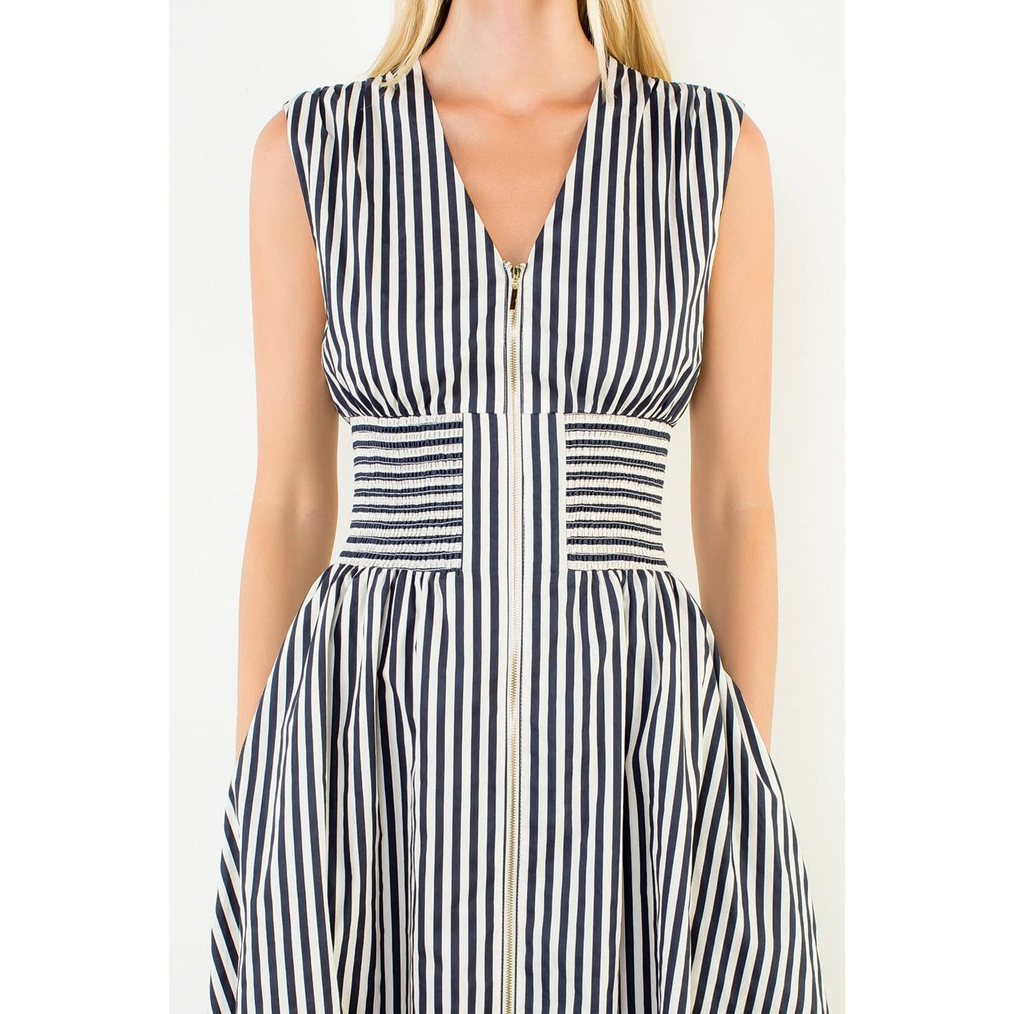 Dress- Sleeveless Vertical Stripes Zippered