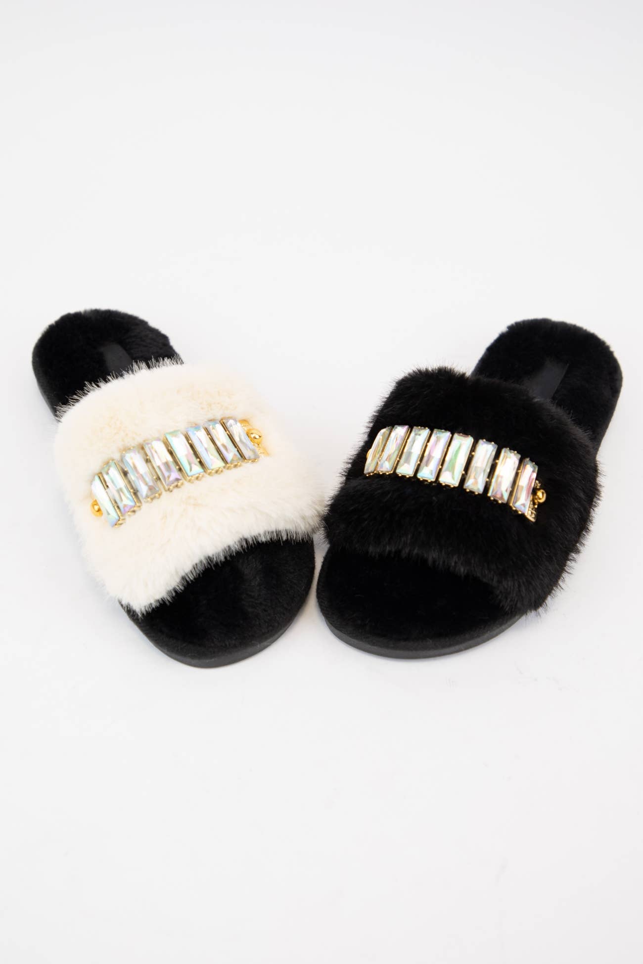 BEDAZZLED RHINESTONE DECOR FURRY SLIPPERS