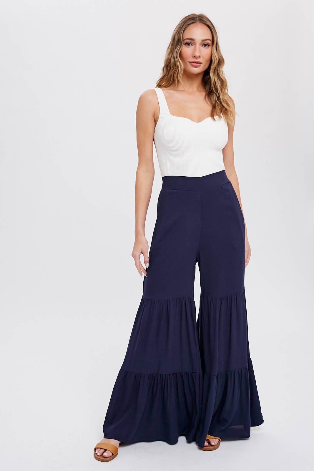 TIERED RUFFLE HIGH WAISTED WIDE-LEG PANTS