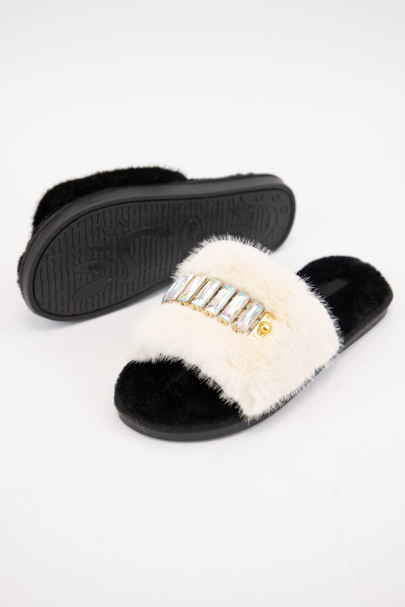 BEDAZZLED RHINESTONE DECOR FURRY SLIPPERS