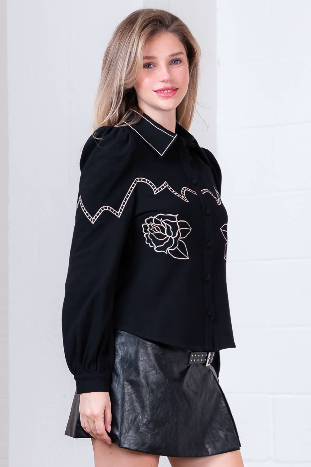 Top- Long Sleeve Black Embroidered Top