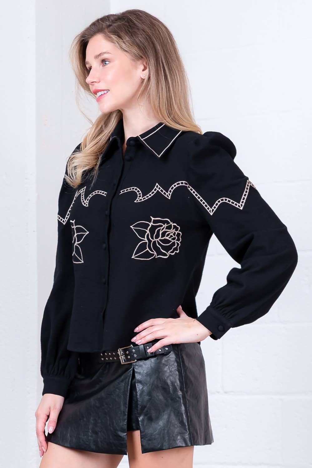 Top- Long Sleeve Black Embroidered Top