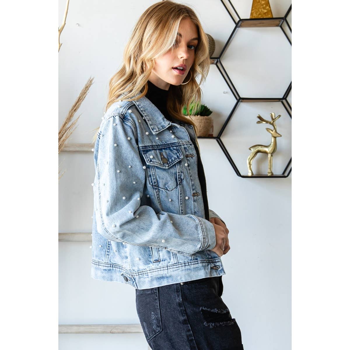 Denim Jacket- All Over Pearl Cropped