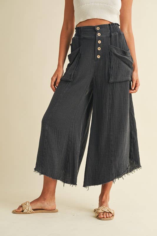 Pants - Mineral Washed Fray Hem Linen Cotton Wide