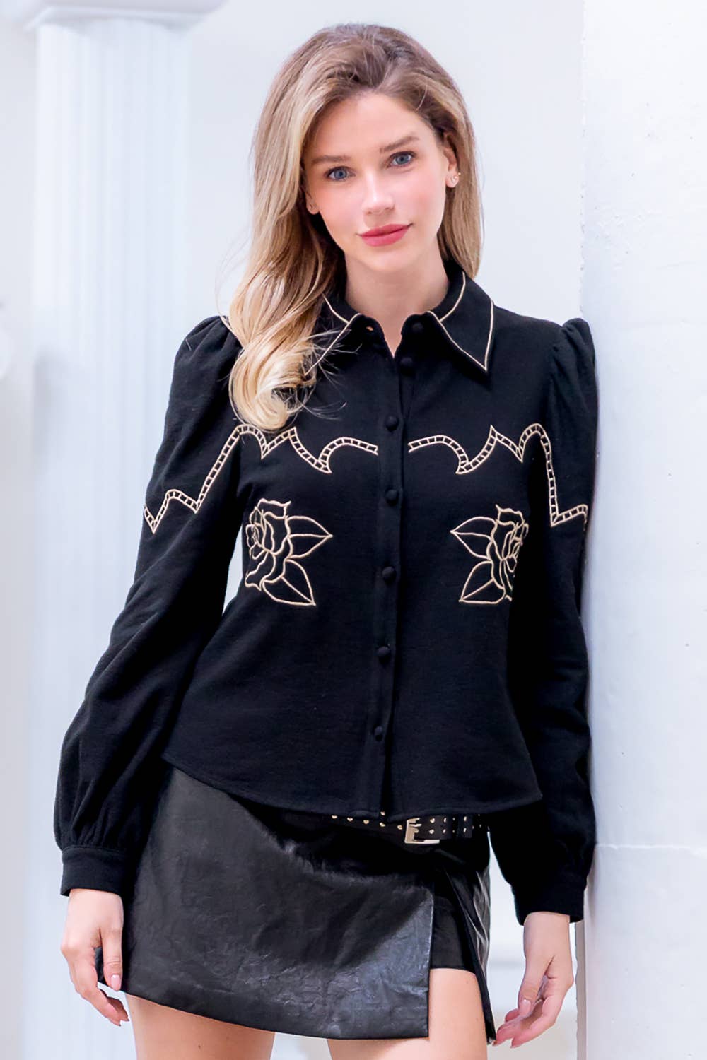 Top- Long Sleeve Black Embroidered Top