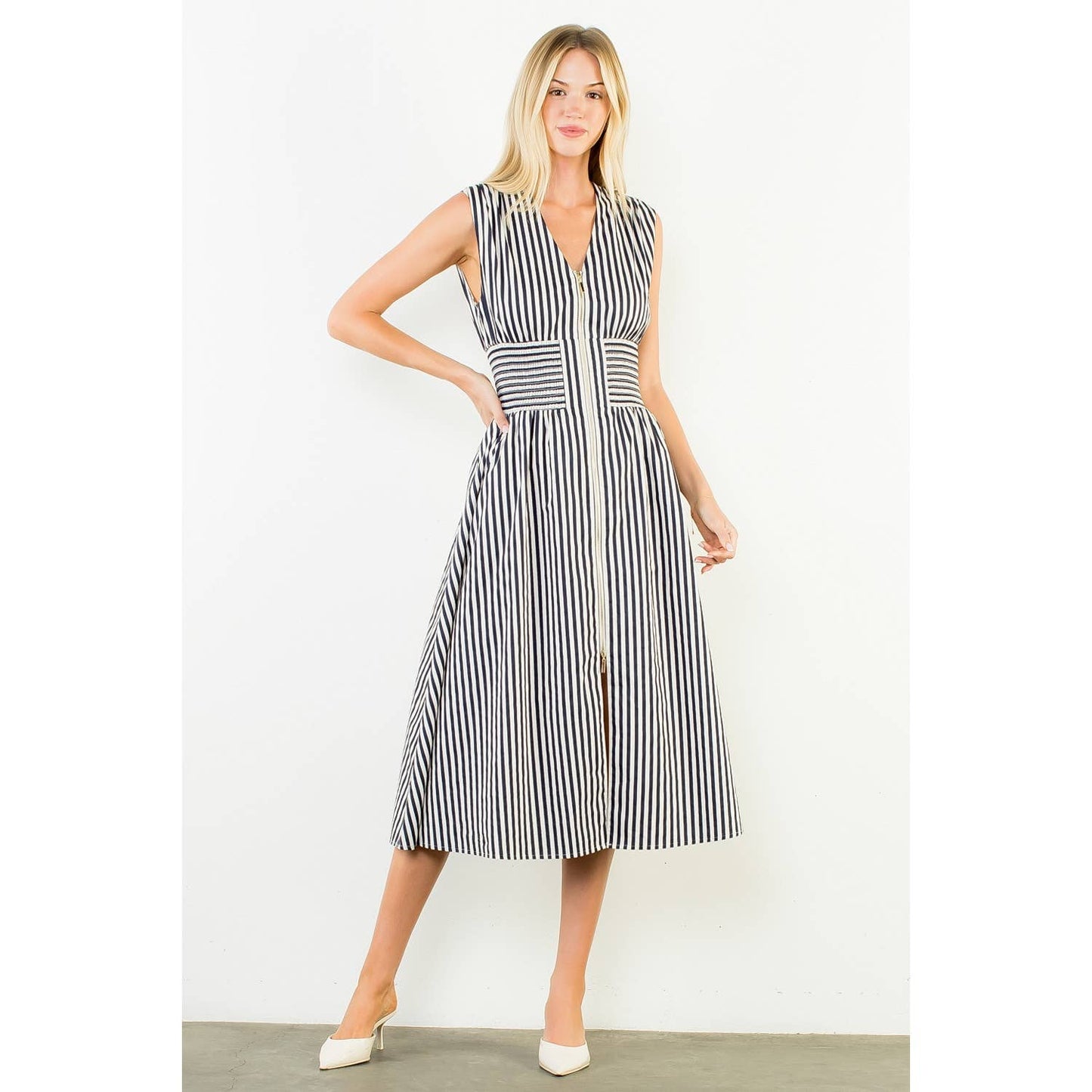 Dress- Sleeveless Vertical Stripes Zippered
