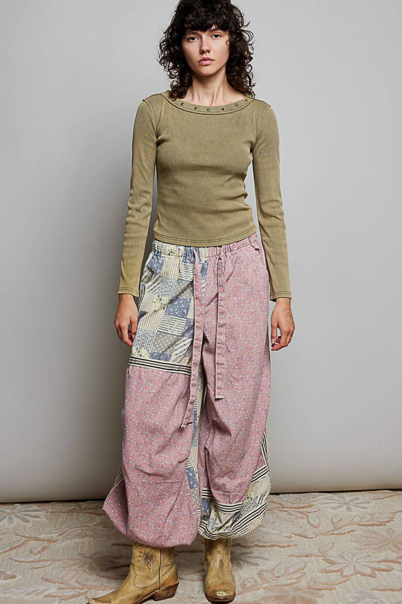 Pants - Printed Woven Contrast Band Trim Jogger