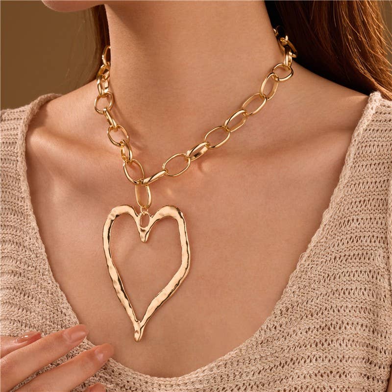 Necklace - Statement Hammered Open Heart