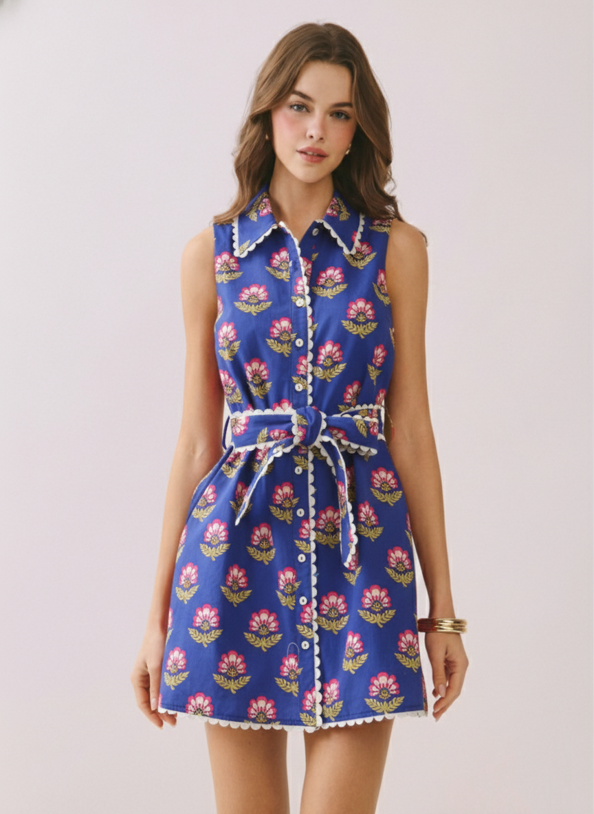 Dress- Floral Print Contrast Scalloped Trim
