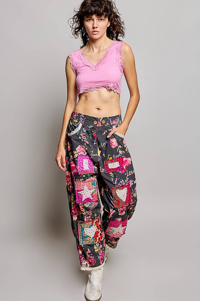 Pant- Heart Star Patch Elastic Waistband Lace Trim
