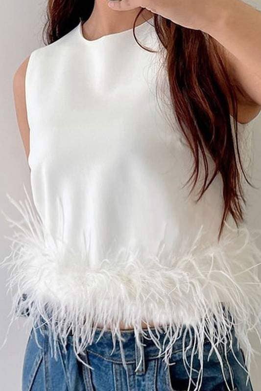 Feather trim sleeveless top feather