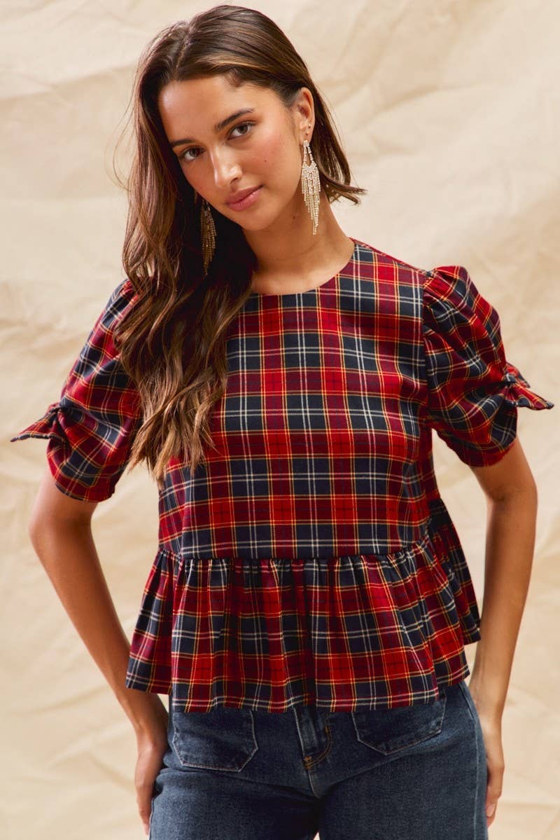 Top- Christmas Holiday Plaid Ribbon Short