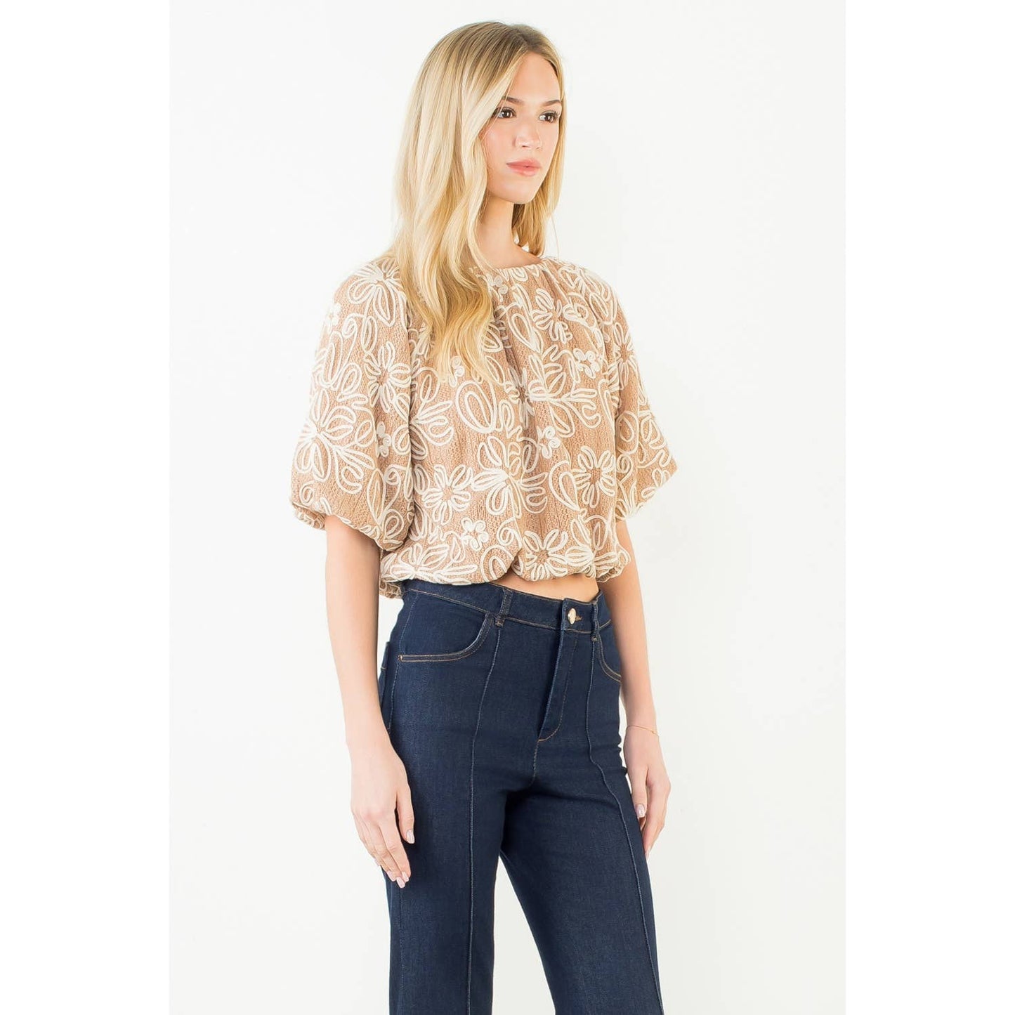 Top - Puff Sleeve Floral Embroidery Detail
