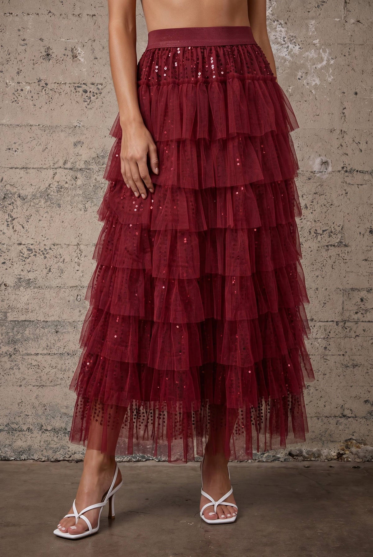 Skirt - Sequin Tiered Mesh Maxi