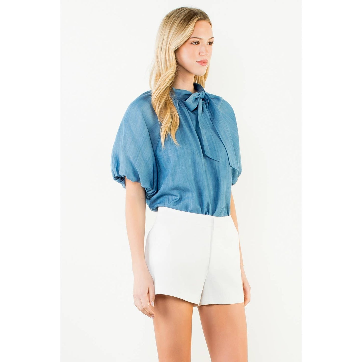 Top - Puff Sleeve Tie Knot Collar