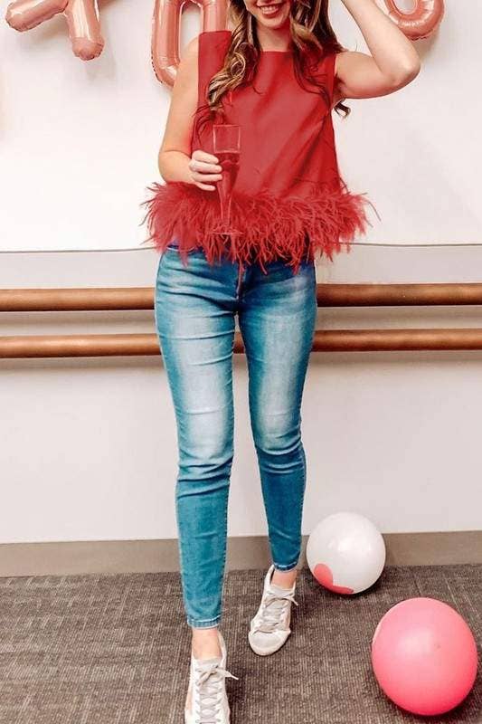 Feather trim sleeveless top feather