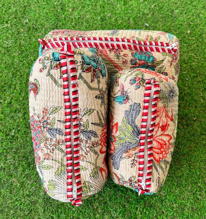 Bird Print Cotton Bag Cosmetic Hand Bag Quilted Toiletry Bag