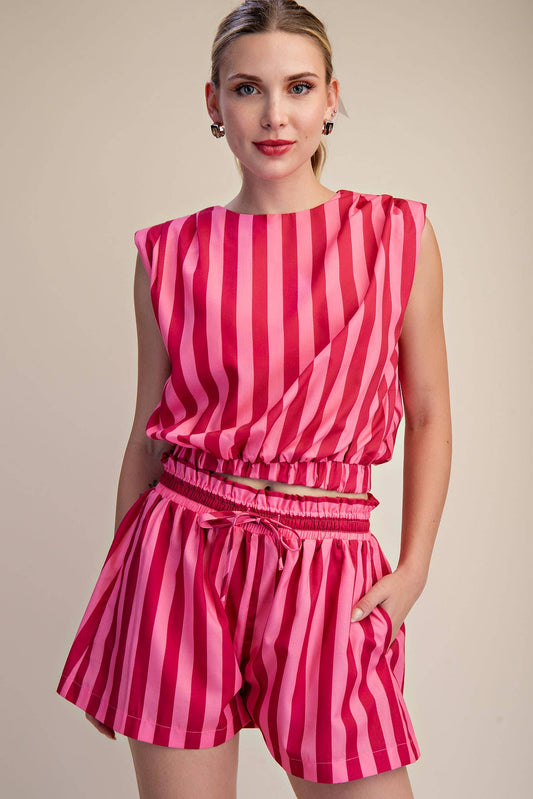 Shorts- Striped Elastic High Waist