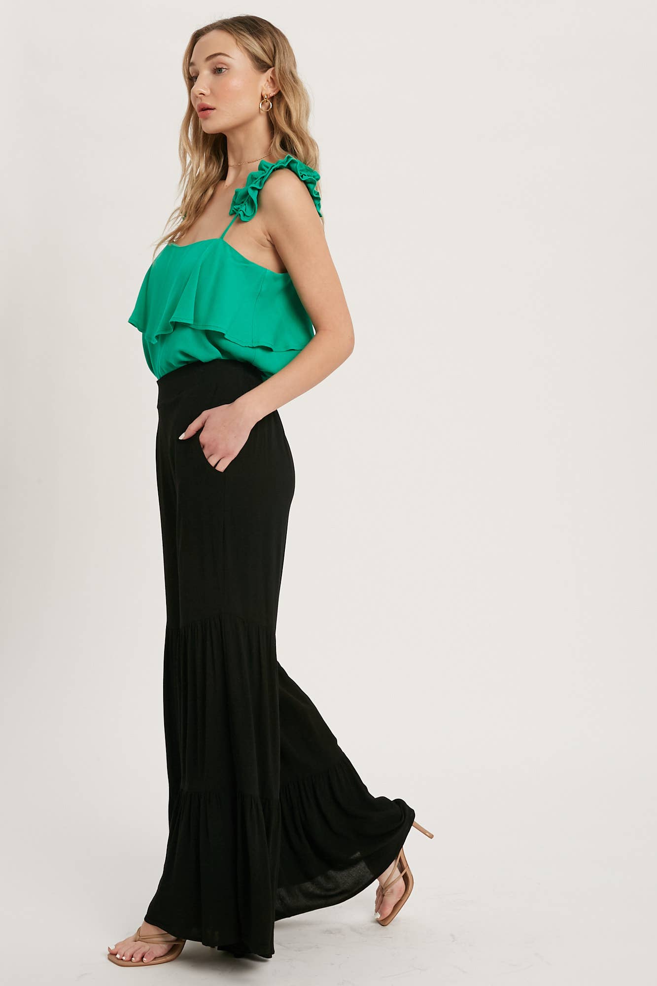 TIERED RUFFLE HIGH WAISTED WIDE-LEG PANTS