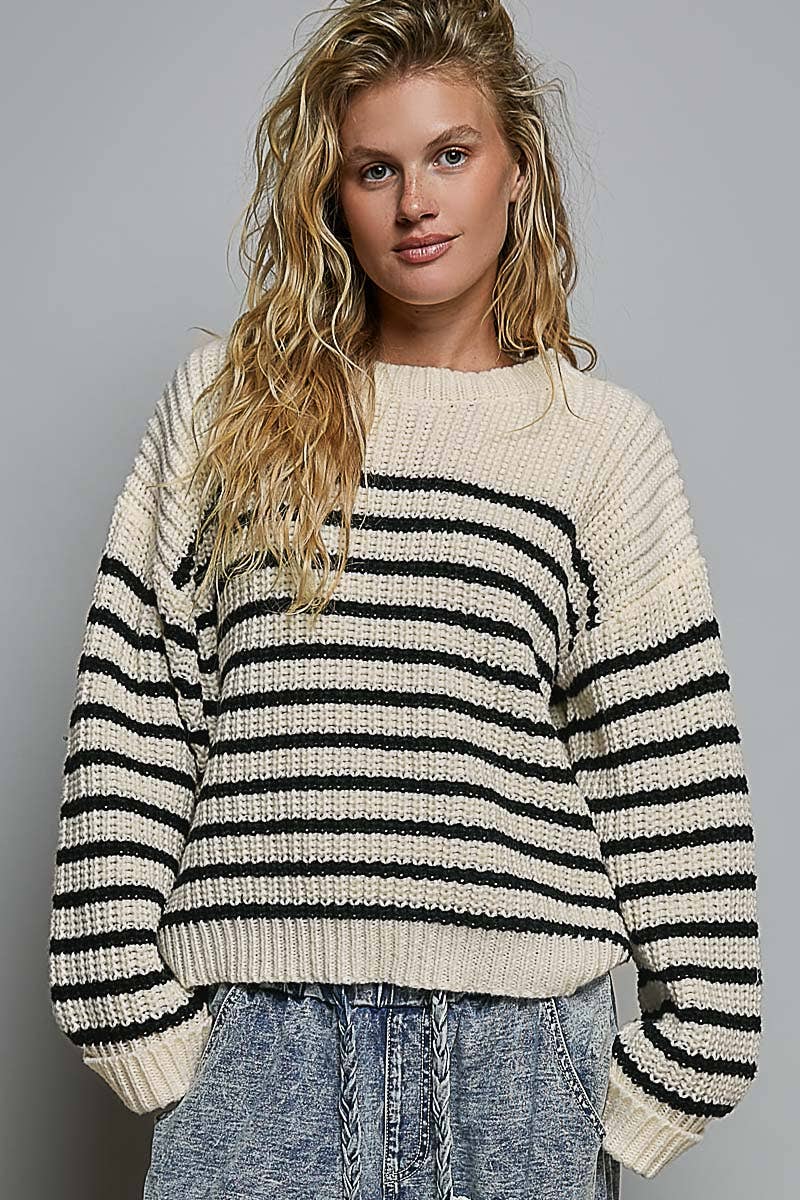 Sweater - Oversized Stripe Long Sleeve Boat Neck