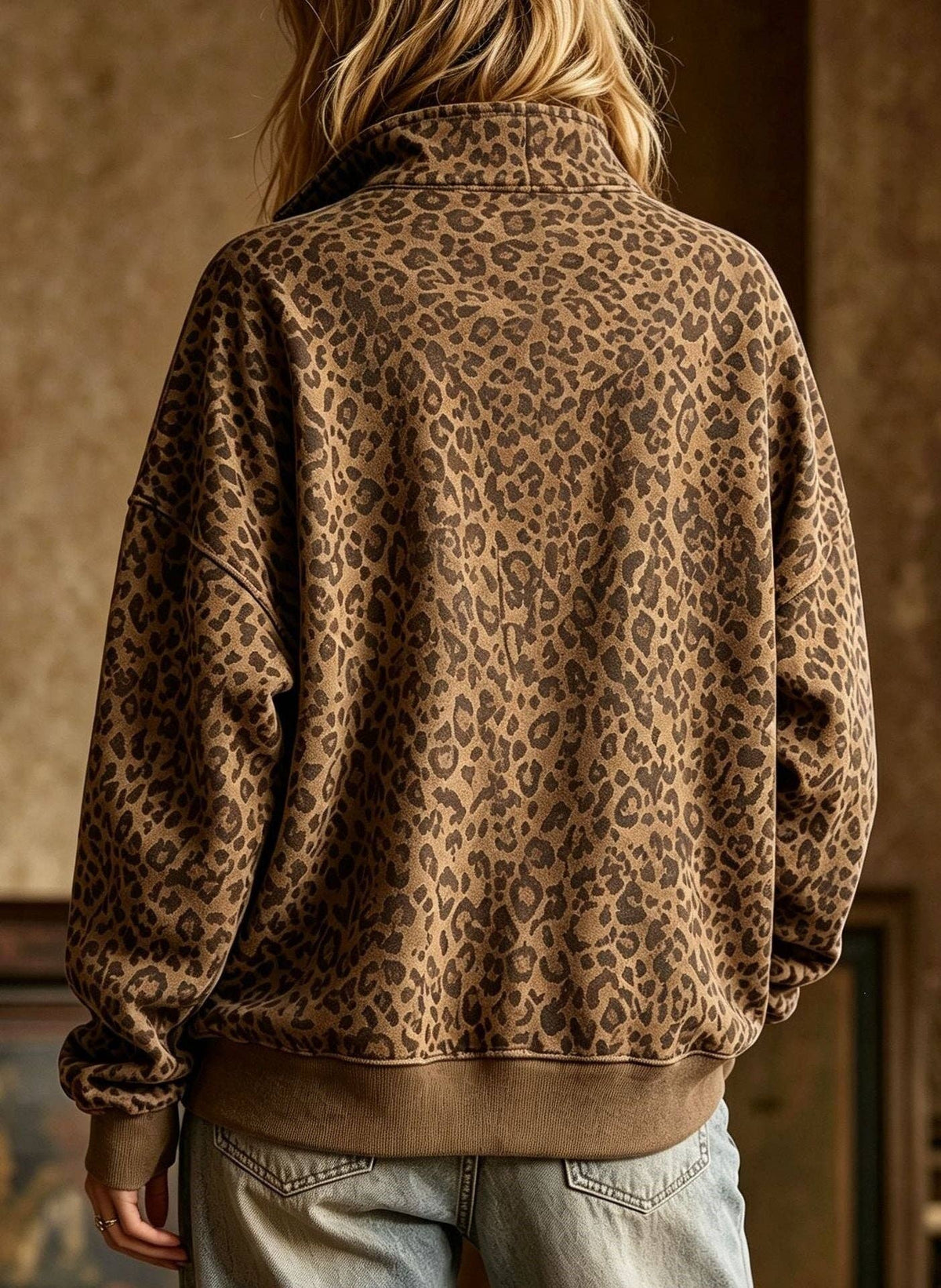 Sweatshirt - Leopard Print Half Zip Oversized Pullover