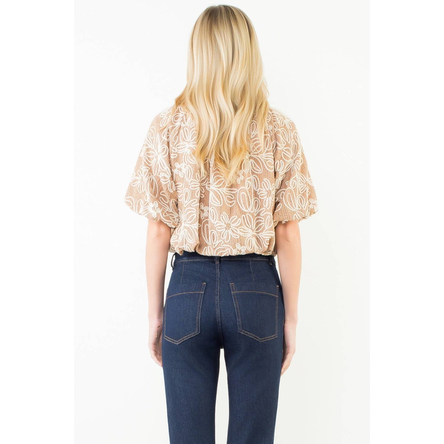 Top - Puff Sleeve Floral Embroidery Detail