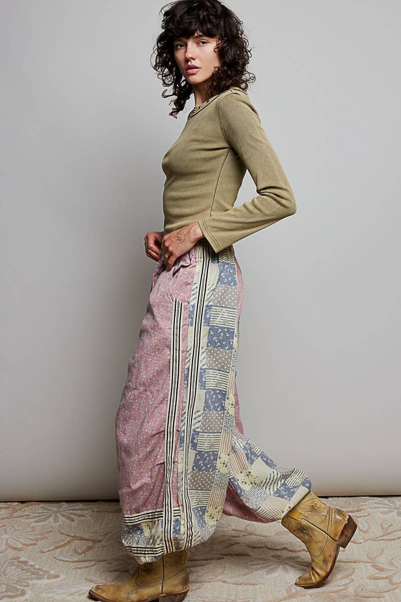 Pants - Printed Woven Contrast Band Trim Jogger