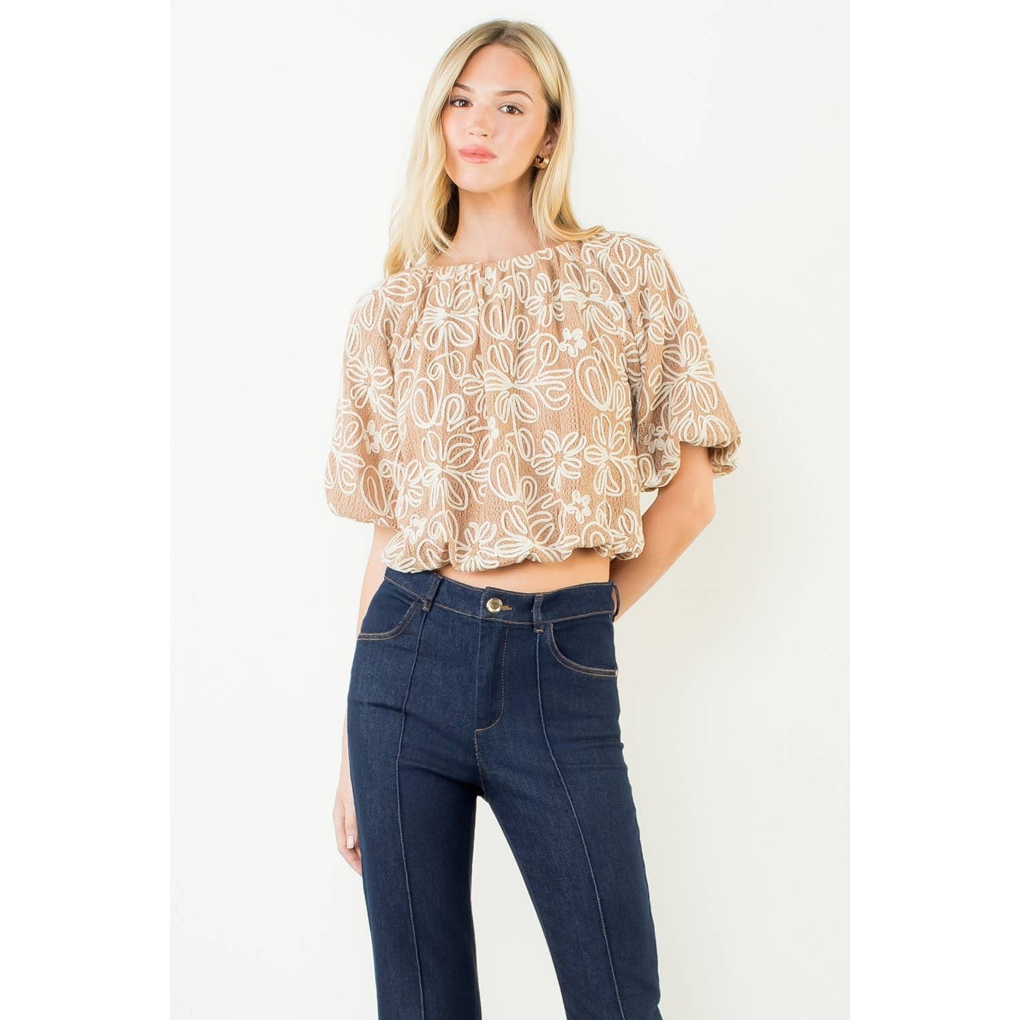 Top - Puff Sleeve Floral Embroidery Detail