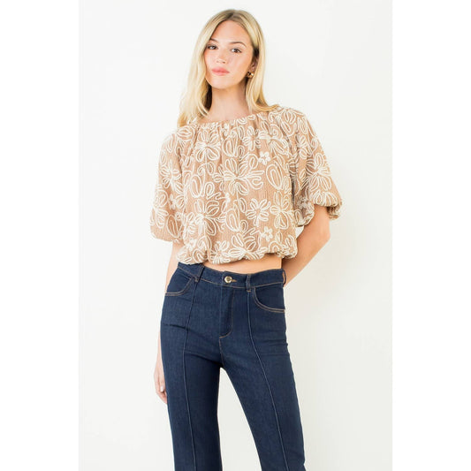Top - Puff Sleeve Floral Embroidery Detail