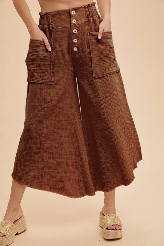 Pants - Mineral Washed Fray Hem Linen Cotton Wide