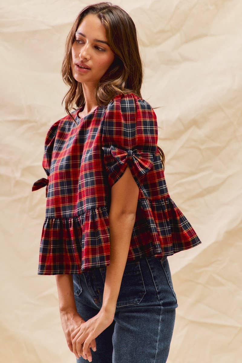 Top- Christmas Holiday Plaid Ribbon Short