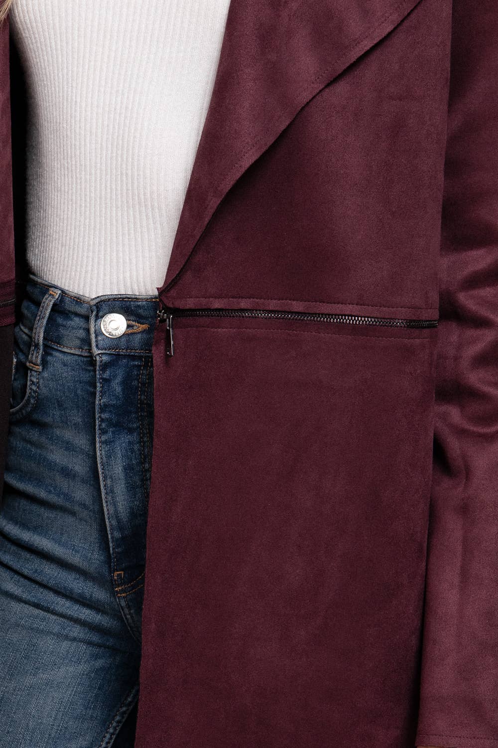 Jacket- Long Sleeve Front Two Zipper Detail Faux Suede Long