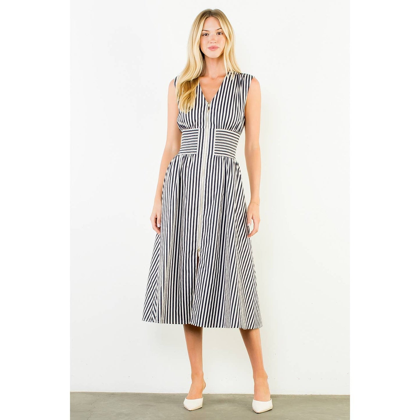 Dress- Sleeveless Vertical Stripes Zippered