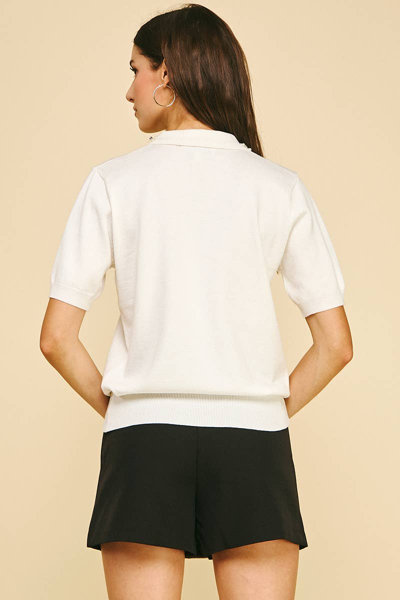 Sweater - Embellished Jewel and Pearl Collar Detail