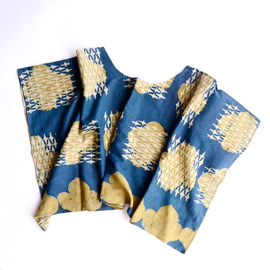 Crop Top - Blue Sheer Silk Cotton Blouse Block Print