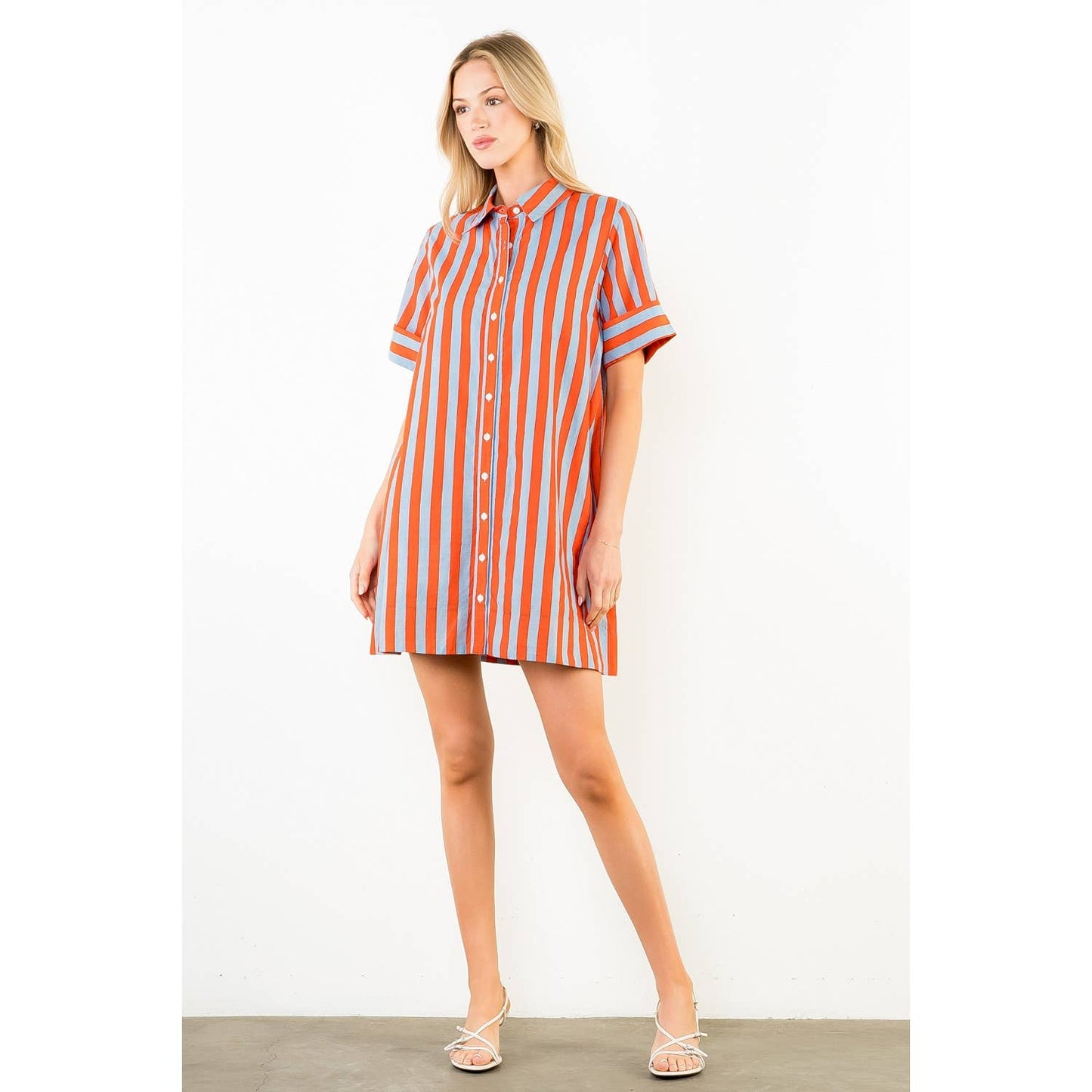 Dress- Short Sleeve Striped Button Up