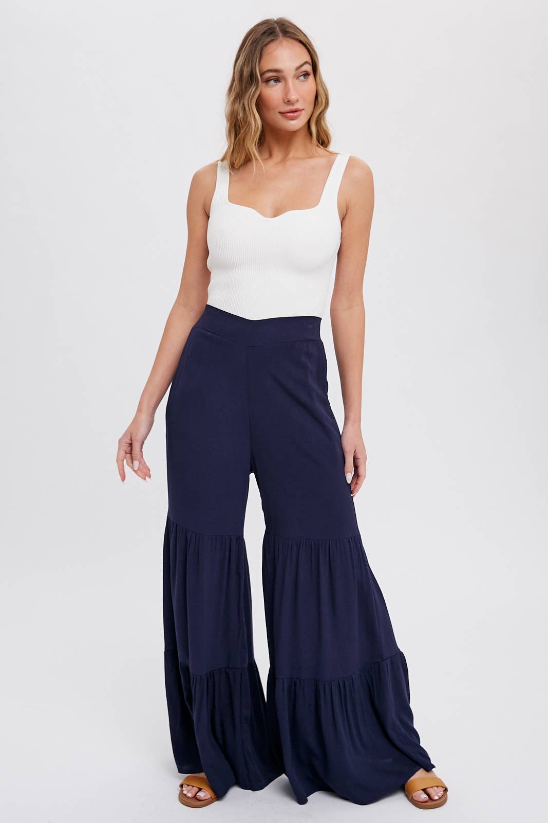TIERED RUFFLE HIGH WAISTED WIDE-LEG PANTS