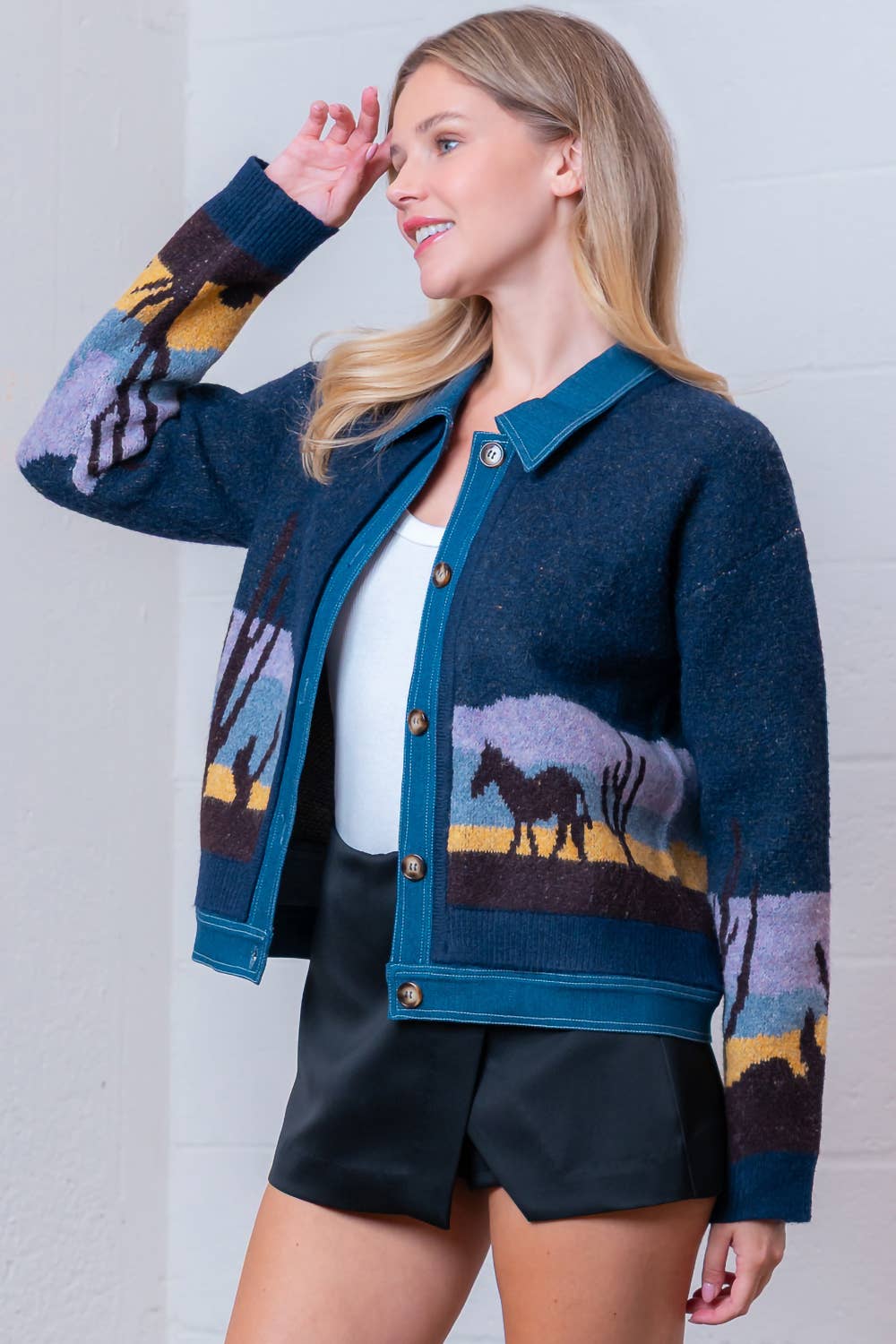 Sweater Jacket- Denim Horse